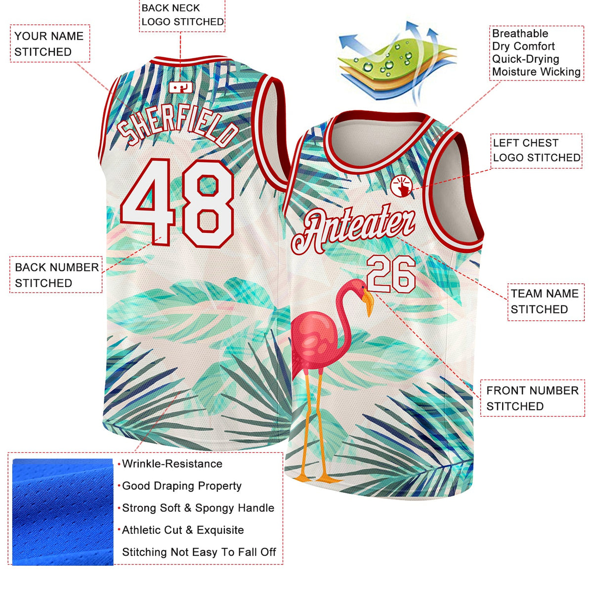 Custom White Red 3D Pattern Tropical Hawaii Leaves And Flamingo Authentic Basketball Jersey - Back