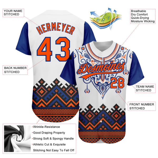 Custom White Orange-Royal 3D Pattern Design Traditional African Ethnic Style Authentic Baseball Jersey alternate