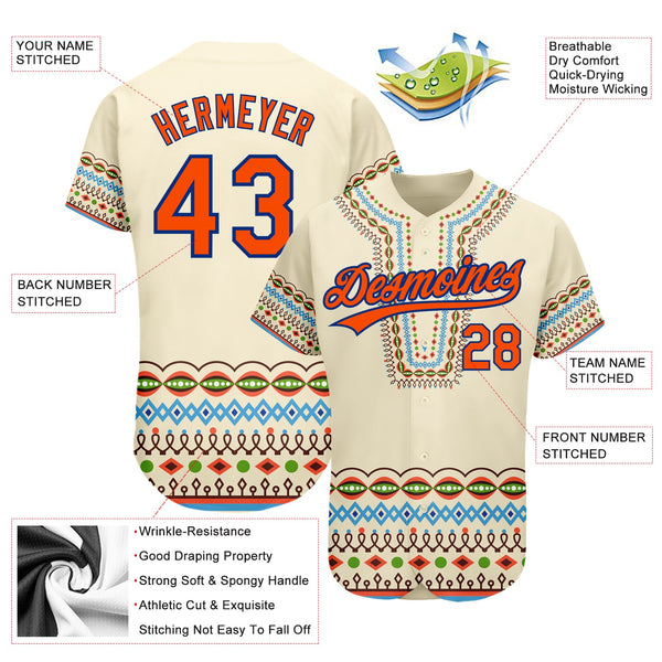 Custom Cream Orange-Royal 3D Pattern Design Traditional African Ethnic Style Authentic Baseball Jersey alternate