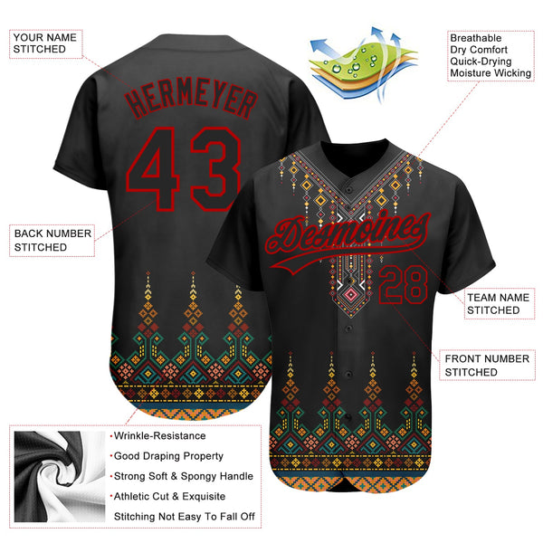Custom Black Red 3D Pattern Design Traditional African Ethnic Style Authentic Baseball Jersey alternate