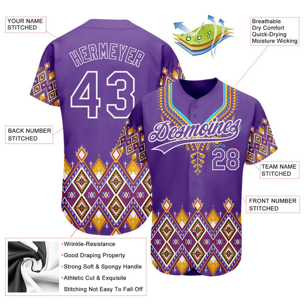 Custom Purple White 3D Pattern Design Traditional African Ethnic Style Authentic Baseball Jersey alternate