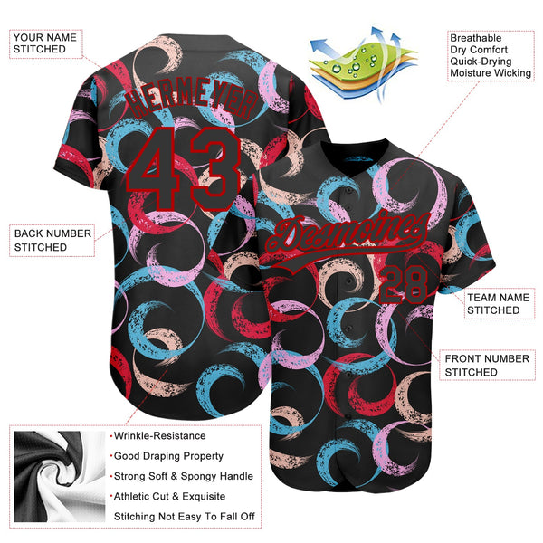 Custom Black Red 3D Pattern Design Abstract Grunge Art Authentic Baseball Jersey alternate