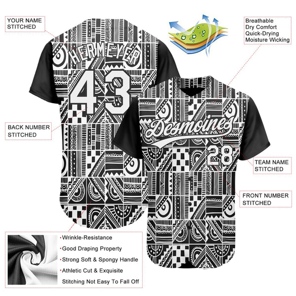 Custom Black White 3D Pattern Design Geometric Monochrome Mosaic Style Authentic Baseball Jersey alternate