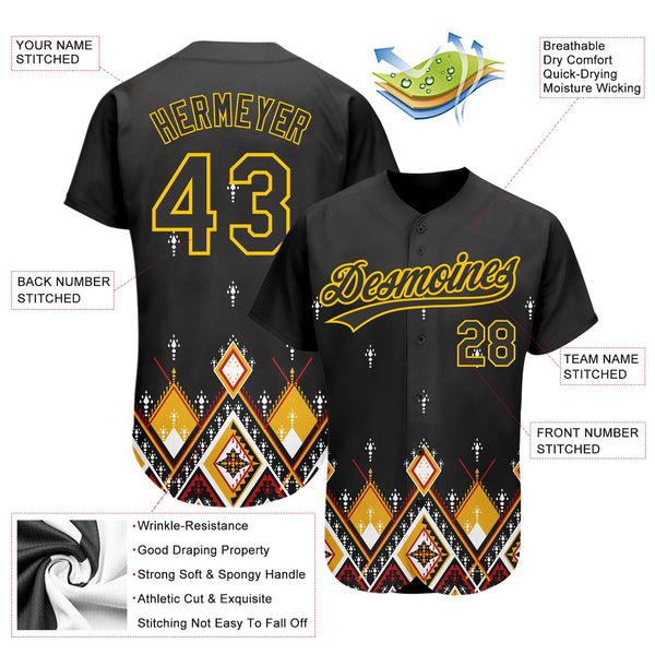 Custom Black Yellow 3D Pattern Design Geometric African Ethnic Style Authentic Baseball Jersey alternate