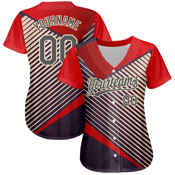 Custom Red Steel Gray=Cream 3D Pattern Design Abstract Sport Authentic Baseball Jersey alternate