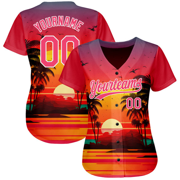 Custom Neon Pink White 3D Pattern Design Hawaii Palm Trees And Beach Sunrise Authentic Baseball Jersey alternate