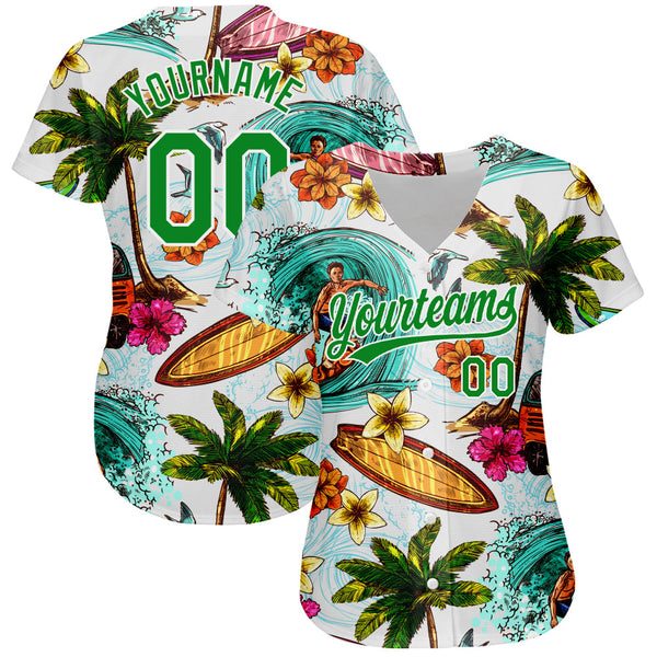 Custom White Grass Green 3D Pattern Design Hawaii Palm Trees And Beach Surfing Authentic Baseball Jersey alternate
