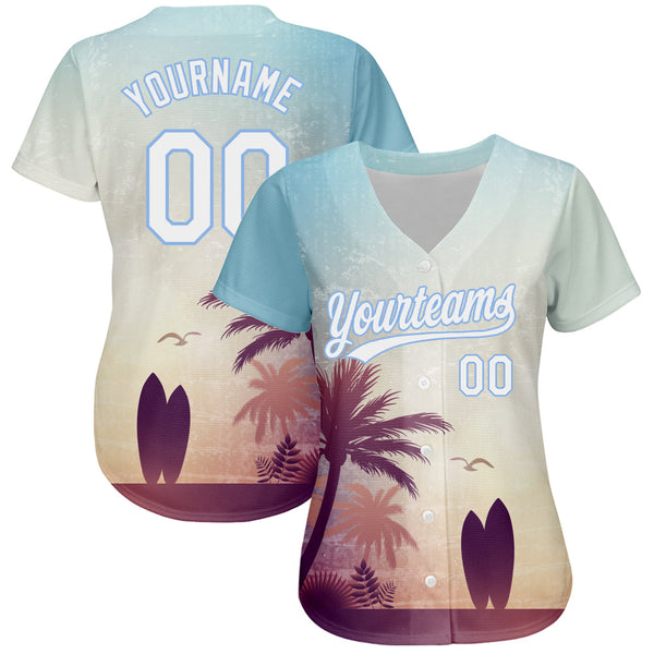 Custom Light Blue White 3D Pattern Design Hawaii Palm Trees And Beach Dusk Authentic Baseball Jersey alternate
