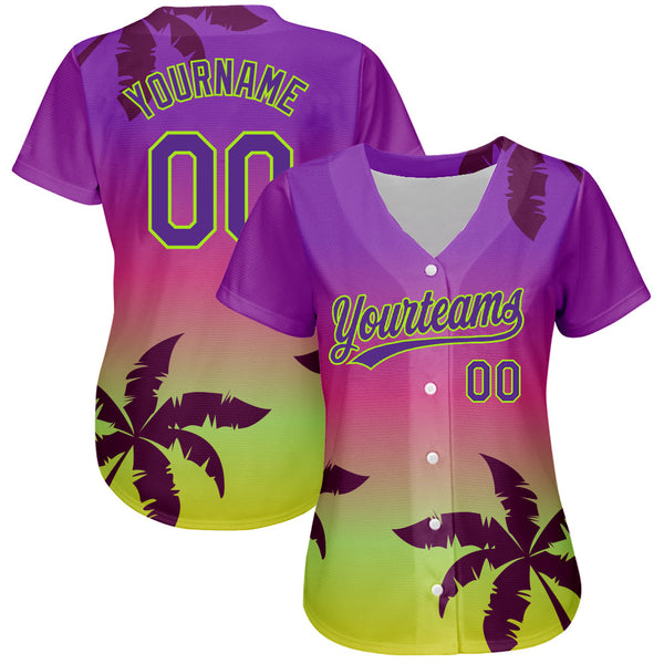 Custom Purple Neon Green 3D Pattern Design Hawaii Palm Trees Authentic Baseball Jersey alternate