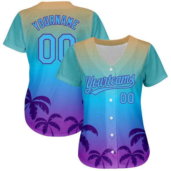 Custom Sky Blue Purple 3D Pattern Design Hawaii Palm Trees Authentic Baseball Jersey alternate