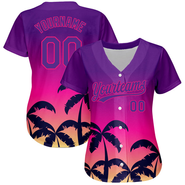 Custom Purple Hot Pink 3D Pattern Design Hawaii Palm Trees Authentic Baseball Jersey alternate