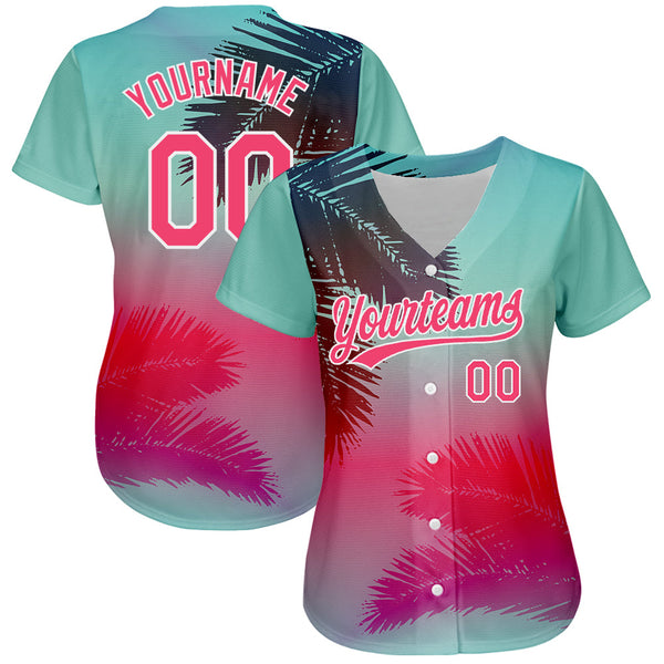 Custom Aqua Neon Pink-White 3D Pattern Design Hawaii Palm Leaves Authentic Baseball Jersey alternate