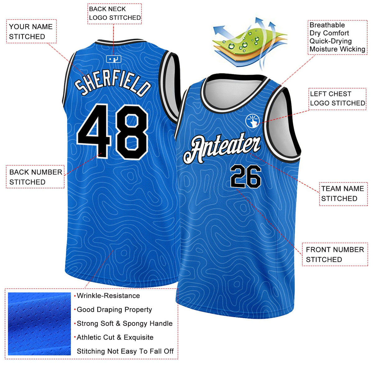 Custom Blue Black-White Rounded Zigzag Lines Authentic City Edition Basketball Jersey - Back