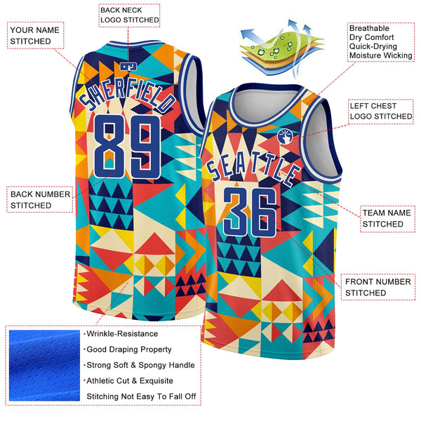 Custom Aqua Royal-White 3D Pattern Design Geometric Shapes Authentic Basketball Jersey alternate