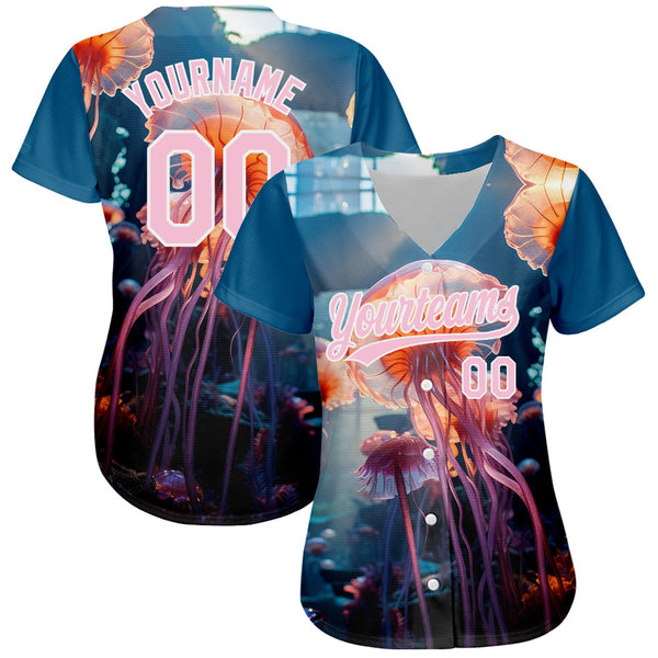 Custom Navy Light Pink-White 3D Pattern Design Jellyfish Floating In The Ocean Authentic Baseball Jersey alternate