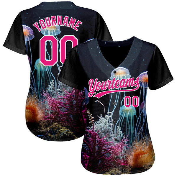 Custom Navy Hot Pink-White 3D Pattern Design Jellyfish Underwater Life Authentic Baseball Jersey alternate