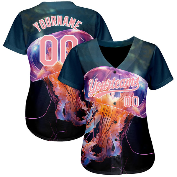 Custom Navy Medium Pink-White 3D Pattern Design Jellyfish Swimming In The Water Authentic Baseball Jersey alternate