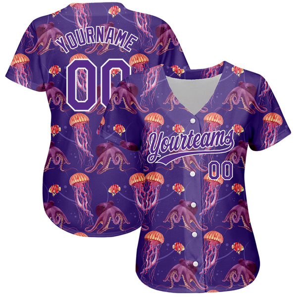 Custom Purple White 3D Pattern Design Jellyfish And Octopus Authentic Baseball Jersey alternate