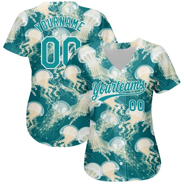 Custom Teal White 3D Pattern Design Jellyfish Authentic Baseball Jersey alternate