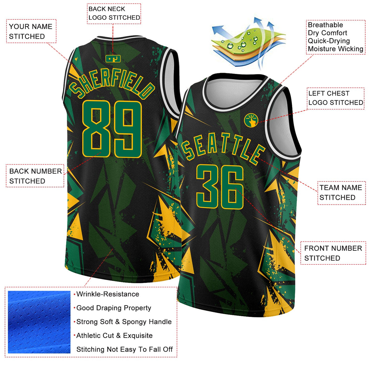 Custom Black Kelly Green-Gold 3D Pattern Design Geometric Shapes Authentic Basketball Jersey - Back