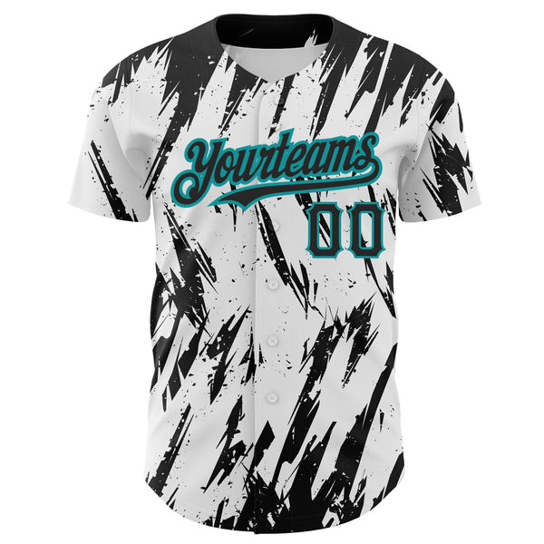 Custom White Black-Teal 3D Pattern Design Abstract Sharp Shape Authentic Baseball Jersey alternate