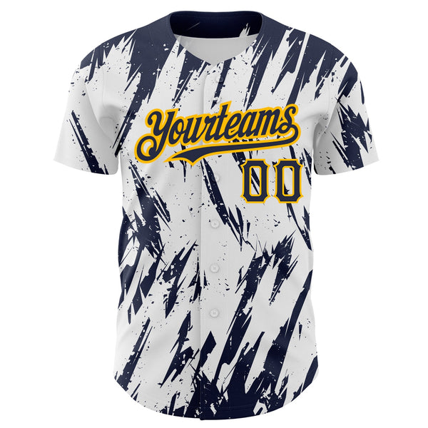 Custom White Navy-Gold 3D Pattern Design Abstract Sharp Shape Authentic Baseball Jersey alternate