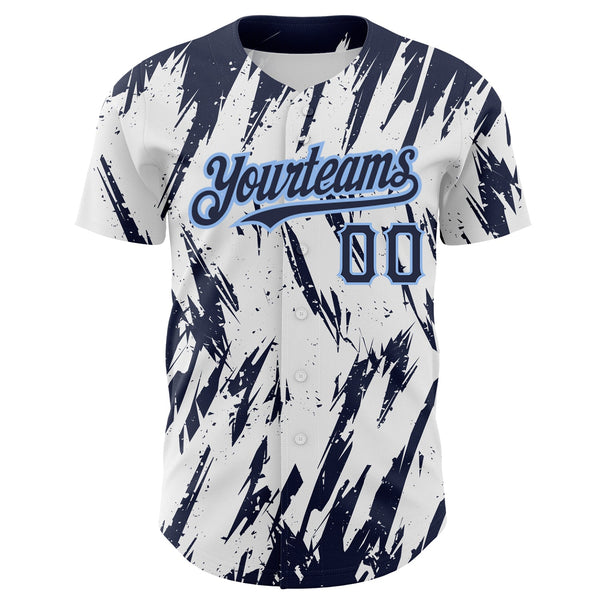 Custom White Navy-Light Blue 3D Pattern Design Abstract Sharp Shape Authentic Baseball Jersey alternate