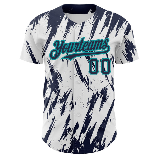 Custom White Navy-Teal 3D Pattern Design Abstract Sharp Shape Authentic Baseball Jersey alternate