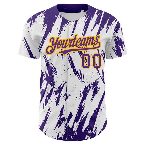 Custom White Purple-Gold 3D Pattern Design Abstract Sharp Shape Authentic Baseball Jersey alternate