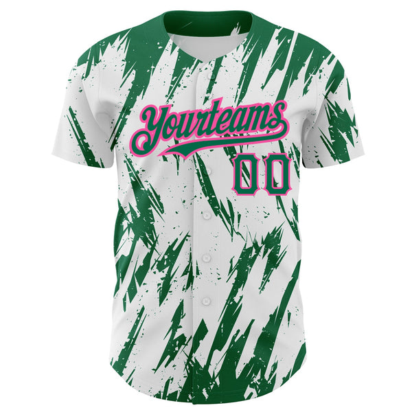 Custom White Kelly Green-Pink 3D Pattern Design Abstract Sharp Shape Authentic Baseball Jersey alternate