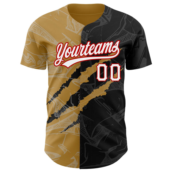 Custom Graffiti Pattern Black Old Gold-Red 3D Scratch Authentic Baseball Jersey alternate