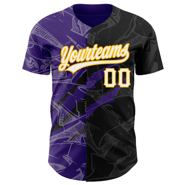 Custom Graffiti Pattern Black Purple-Gold 3D Scratch Authentic Baseball Jersey alternate