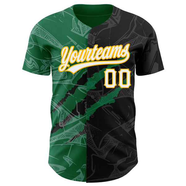 Custom Graffiti Pattern Black Kelly Green-Gold 3D Scratch Authentic Baseball Jersey alternate