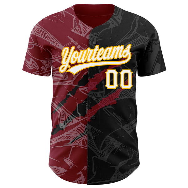 Custom Graffiti Pattern Black Crimson-Gold 3D Scratch Authentic Baseball Jersey alternate