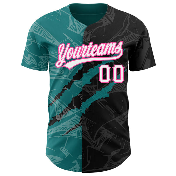 Custom Graffiti Pattern Black Teal-Pink 3D Scratch Authentic Baseball Jersey alternate