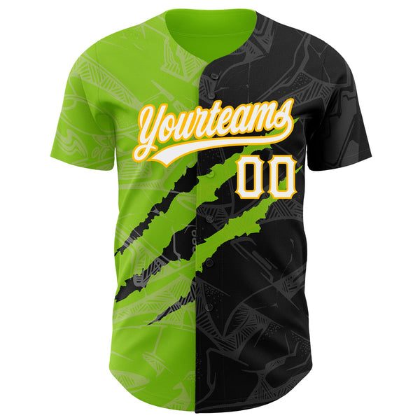Custom Graffiti Pattern Black Neon Green-Gold 3D Scratch Authentic Baseball Jersey alternate