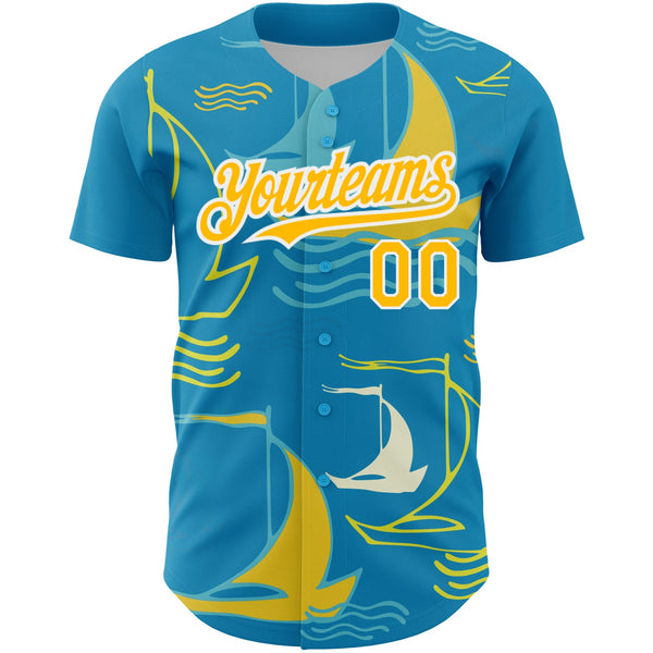 Custom Panther Blue Gold-White 3D Pattern Design Sailing Boats Authentic Baseball Jersey alternate
