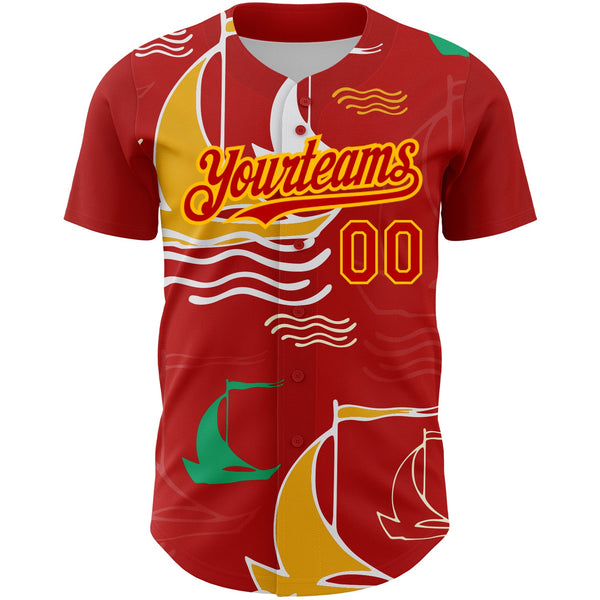 Custom Red Gold 3D Pattern Design Sailing Boats Authentic Baseball Jersey alternate