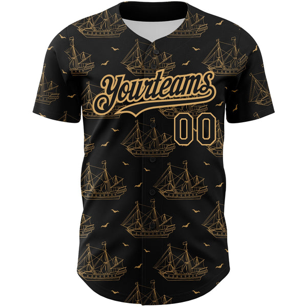 Custom Black Old Gold 3D Pattern Design Ship Frigate With Seagulls Authentic Baseball Jersey alternate