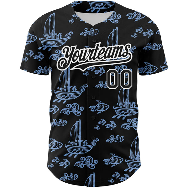Custom Black White-Light Blue 3D Pattern Design Boats And Fish Authentic Baseball Jersey alternate
