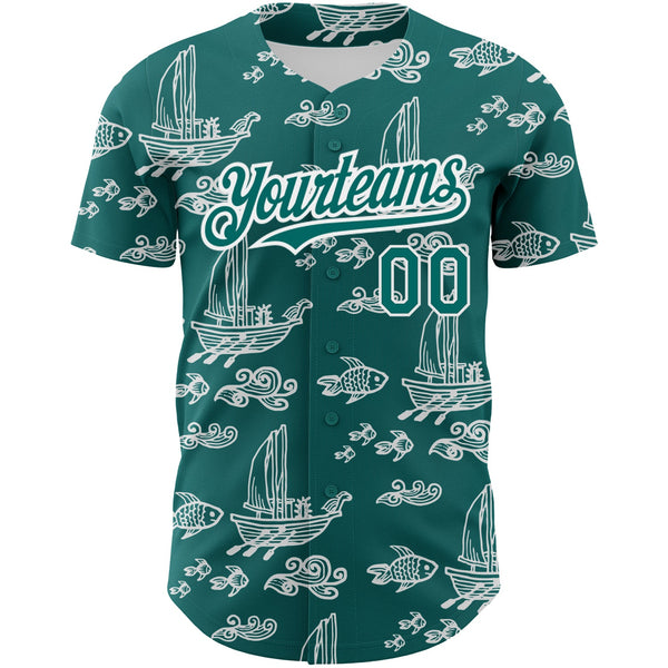 Custom Teal White 3D Pattern Design Boats And Fish Authentic Baseball Jersey alternate