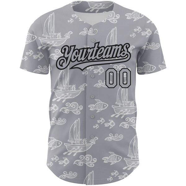 Custom Gray Black 3D Pattern Design Boats And Fish Authentic Baseball Jersey alternate