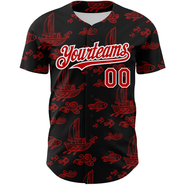 Custom Black Red-White 3D Pattern Design Boats And Fish Authentic Baseball Jersey alternate