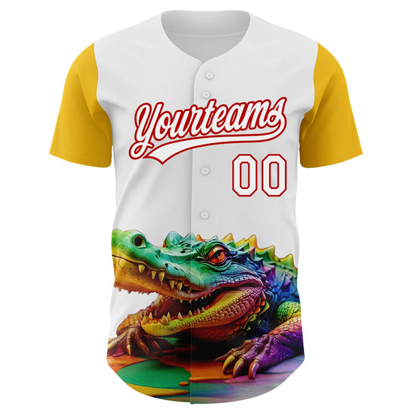 Custom White Red-Yellow 3D Pattern Design Colorful Crocodile Authentic Baseball Jersey alternate