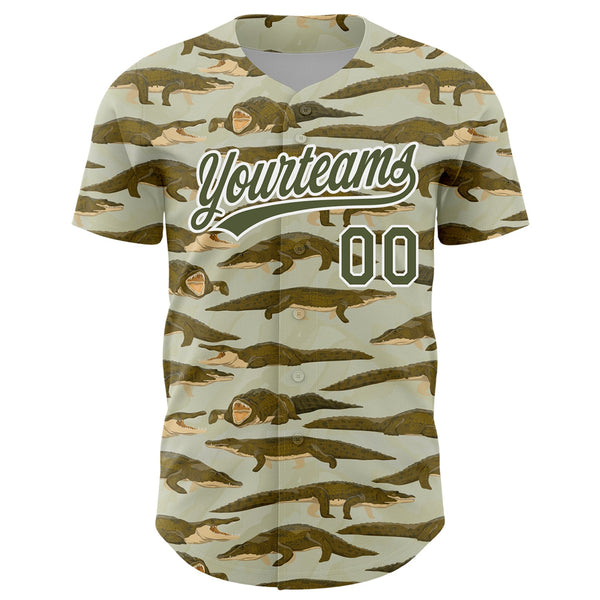 Custom Olive White 3D Pattern Design Crocodile Authentic Baseball Jersey alternate