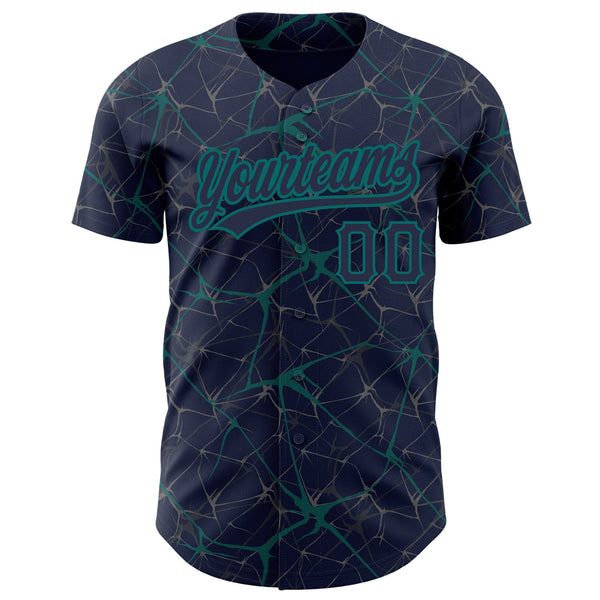 Custom Navy Teal 3D Pattern Design Abstract Network Authentic Baseball Jersey alternate
