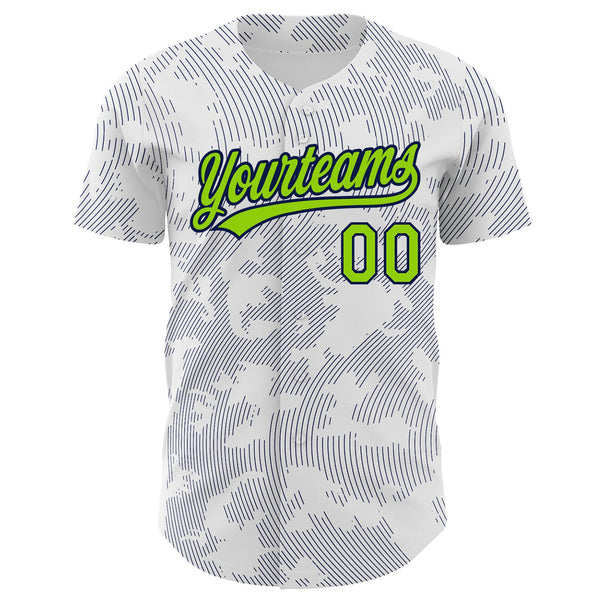 Custom White Neon Green-Navy 3D Pattern Design Curve Lines Authentic Baseball Jersey alternate