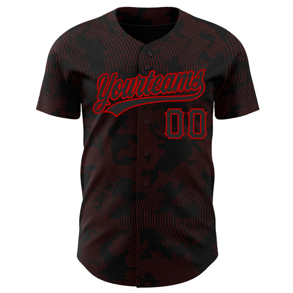 Custom Black Red 3D Pattern Design Curve Lines Authentic Baseball Jersey alternate
