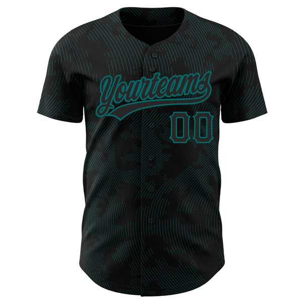 Custom Black Teal 3D Pattern Design Curve Lines Authentic Baseball Jersey alternate