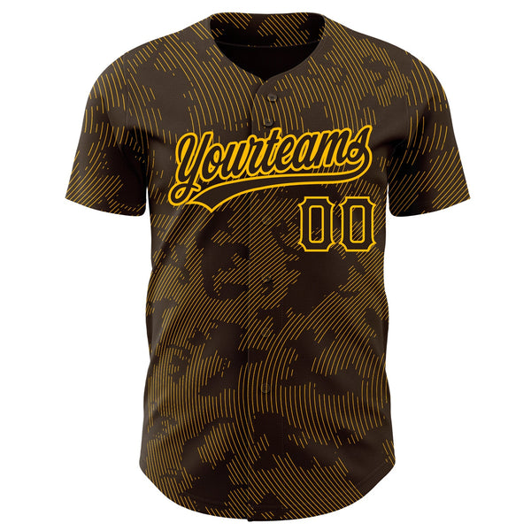 Custom Brown Gold 3D Pattern Design Curve Lines Authentic Baseball Jersey alternate